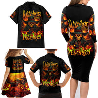 Witch Skull Family Matching Long Sleeve Bodycon Dress and Hawaiian Shirt Witches With Hitches - Wonder Print Shop