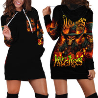 Black hoodie dress with skull and flames artwork, front and back