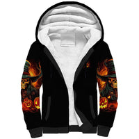 Black sherpa hoodie with open hood showing white fleece lining and flame skull sleeves