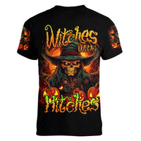 Witch Skull Women V Neck T Shirt Witches With Hitches - Wonder Print Shop