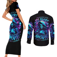 Witch Skull Couples Matching Short Sleeve Bodycon Dress and Long Sleeve Button Shirt I Was Born With My Heart On My Sleeve A Fire In My Soul And Amout Can't Control - Wonder Print Shop