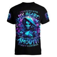 Witch Skull Women V Neck T Shirt I Was Born With My Heart On My Sleeve A Fire In My Soul And Amout Can't Control - Wonder Print Shop