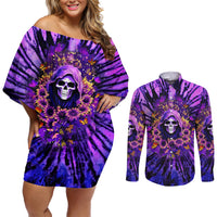 Sunflower Skull Couples Matching Off Shoulder Short Dress and Long Sleeve Button Shirt The Good Girl In Me Got Tired Of The Bullshit - Wonder Print Shop