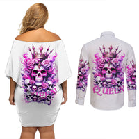 Rose Skull Couples Matching Off Shoulder Short Dress and Long Sleeve Button Shirt Queen Skull - Wonder Print Shop