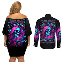 Witch Skull Couples Matching Off Shoulder Short Dress and Long Sleeve Button Shirt The Good Girl In Me Got Tired Of The Bullshit - Wonder Print Shop