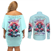 Rose Skull Couples Matching Off Shoulder Short Dress and Long Sleeve Button Shirt The Good Girl In Me Got Tired Of The Bullshit - Wonder Print Shop