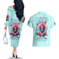 Rose Skull Couples Matching Off The Shoulder Long Sleeve Dress and Hawaiian Shirt The Good Girl In Me Got Tired Of The Bullshit - Wonder Print Shop
