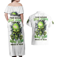 Thunder Skull Couples Matching Off Shoulder Maxi Dress and Hawaiian Shirt The Demon Hide Under Your Bed Mine Hide Inside My Head - Wonder Print Shop