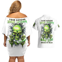 Thunder Skull Couples Matching Off Shoulder Short Dress and Hawaiian Shirt The Demon Hide Under Your Bed Mine Hide Inside My Head - Wonder Print Shop