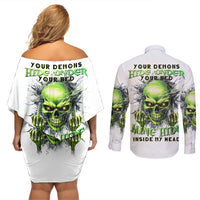 Thunder Skull Couples Matching Off Shoulder Short Dress and Long Sleeve Button Shirt The Demon Hide Under Your Bed Mine Hide Inside My Head - Wonder Print Shop