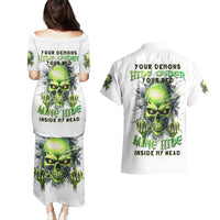 Thunder Skull Couples Matching Puletasi and Hawaiian Shirt The Demon Hide Under Your Bed Mine Hide Inside My Head - Wonder Print Shop