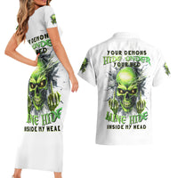 Thunder Skull Couples Matching Short Sleeve Bodycon Dress and Hawaiian Shirt The Demon Hide Under Your Bed Mine Hide Inside My Head - Wonder Print Shop