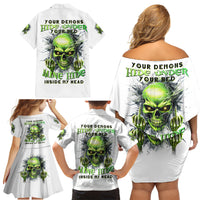 Thunder Skull Family Matching Off Shoulder Short Dress and Hawaiian Shirt The Demon Hide Under Your Bed Mine Hide Inside My Head - Wonder Print Shop