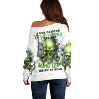 Thunder Skull Off Shoulder Sweater The Demon Hide Under Your Bed Mine Hide Inside My Head - Wonder Print Shop