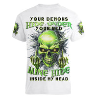 Thunder Skull Women V Neck T Shirt The Demon Hide Under Your Bed Mine Hide Inside My Head - Wonder Print Shop