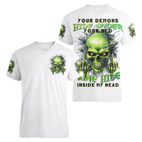 Thunder Skull Women V Neck T Shirt The Demon Hide Under Your Bed Mine Hide Inside My Head - Wonder Print Shop
