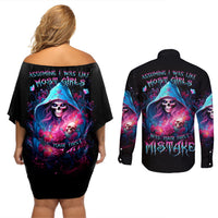 Witch Skull Couples Matching Off Shoulder Short Dress and Long Sleeve Button Shirt Assuming Was Like Most Girls Was Your First Mistake - Wonder Print Shop