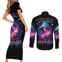 Witch Skull Couples Matching Short Sleeve Bodycon Dress and Long Sleeve Button Shirt Assuming Was Like Most Girls Was Your First Mistake - Wonder Print Shop