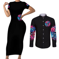 Rose SKull Couples Matching Short Sleeve Bodycon Dress and Long Sleeve Button Shirt Sorry Honey Sarcasm Falls Out Of My Mouth Just Like Stupid Fall From Your - Wonder Print Shop