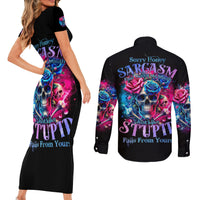 Rose SKull Couples Matching Short Sleeve Bodycon Dress and Long Sleeve Button Shirt Sorry Honey Sarcasm Falls Out Of My Mouth Just Like Stupid Fall From Your - Wonder Print Shop