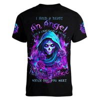 Witch Skull Women V Neck T Shirt I Hold A Beast An Angel And Crazy Lady In Me - Wonder Print Shop