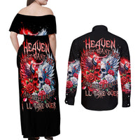 Evil Angel Skull Couples Matching Off Shoulder Maxi Dress and Long Sleeve Button Shirt Heaven Don't Want Me And Hell Afraid - Wonder Print Shop