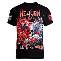 Evil Angel Skull Women V Neck T Shirt Heaven Don't Want Me And Hell Afraid - Wonder Print Shop