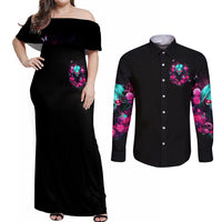 Rose Skull Couples Matching Off Shoulder Maxi Dress and Long Sleeve Button Shirt I'm Not Anti-Social I'm Just Not User Friendly - Wonder Print Shop
