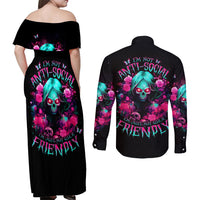 Rose Skull Couples Matching Off Shoulder Maxi Dress and Long Sleeve Button Shirt I'm Not Anti-Social I'm Just Not User Friendly - Wonder Print Shop