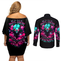 Rose Skull Couples Matching Off Shoulder Short Dress and Long Sleeve Button Shirt I'm Not Anti-Social I'm Just Not User Friendly - Wonder Print Shop