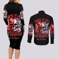 Evil Angel Skull Couples Matching Long Sleeve Bodycon Dress and Long Sleeve Button Shirt Fuck It All And Let My Demons Out To Play - Wonder Print Shop