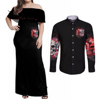 Evil Angel Skull Couples Matching Off Shoulder Maxi Dress and Long Sleeve Button Shirt Fuck It All And Let My Demons Out To Play - Wonder Print Shop