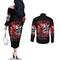Evil Angel Skull Couples Matching Off The Shoulder Long Sleeve Dress and Long Sleeve Button Shirt Fuck It All And Let My Demons Out To Play
