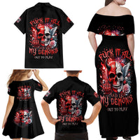 Evil Angel Skull Family Matching Off Shoulder Maxi Dress and Hawaiian Shirt Fuck It All And Let My Demons Out To Play - Wonder Print Shop