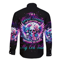 Wings Skll Long Sleeve Button Shirt I'm A Good Person But Don't Give Me A Reason To Show My Evil - Wonder Print Shop