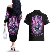 Queen Skull Couples Matching Off The Shoulder Long Sleeve Dress and Hawaiian Shirt Yes I'm A Bitch But Not Yours - Wonder Print Shop