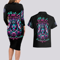 Queen Skull Couples Matching Long Sleeve Bodycon Dress and Hawaiian Shirt Bitch I'm Not A Princess I'm The Fucking Queen - Wonder Print Shop