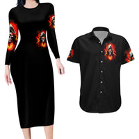 Flame Skull Couples Matching Long Sleeve Bodycon Dress and Hawaiian Shirt Hello Darkness My Old Friend - Wonder Print Shop
