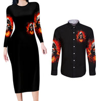 Flame Skull Couples Matching Long Sleeve Bodycon Dress and Long Sleeve Button Shirt Hello Darkness My Old Friend - Wonder Print Shop