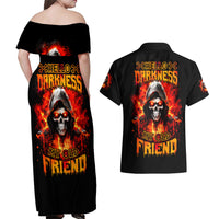 Flame Skull Couples Matching Off Shoulder Maxi Dress and Hawaiian Shirt Hello Darkness My Old Friend - Wonder Print Shop