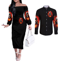 Flame Skull Couples Matching Off The Shoulder Long Sleeve Dress and Long Sleeve Button Shirt Hello Darkness My Old Friend