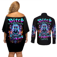 Queen Skull Couples Matching Off Shoulder Short Dress and Long Sleeve Button Shirt Bitch I'm Not A Princess I'm The Fucking Queen - Wonder Print Shop