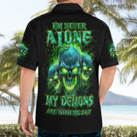 Black Hawaiian shirt with 'I'm Never Alone' green skull back print and '24/7' text