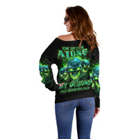 Flame Skull Off Shoulder Sweater I'm Never Alone My Demons Are Wit Me 24/7 - Wonder Print Shop