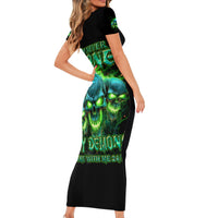 Flame Skull Short Sleeve Bodycon Dress I'm Never Alone My Demons Are Wit Me 24/7 - Wonder Print Shop