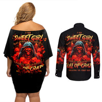 Rose Skull Couples Matching Off Shoulder Short Dress and Long Sleeve Button Shirt Iam Sweet Girl But If You Piss Me Off - Wonder Print Shop