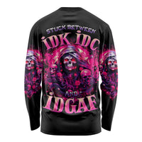 Rose Skull Long Sleeve Shirt Stuck Between IDK IDC And IDGAF - Wonder Print Shop