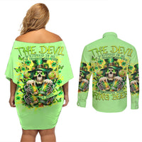 Irish Skull Couples Matching Off Shoulder Short Dress and Long Sleeve Button Shirt The Devil Whispered To Me I'm Coming For You - Wonder Print Shop