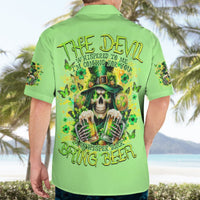 Green short-sleeve Hawaiian shirt with back skull and beer-themed text graphic