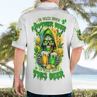Light-colored Hawaiian-style button-up shirt with green shamrock skull beer back print and side sleeve prints